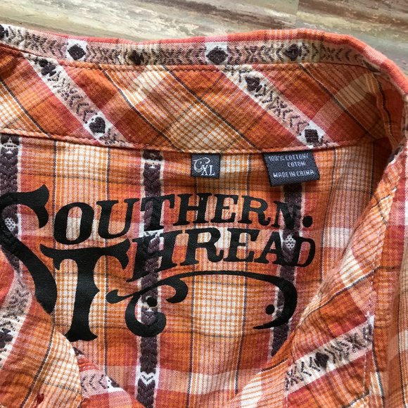 Southern Thread Orange Poker Plaid Western Pearl Snap Shirt - Picture 4 of 6